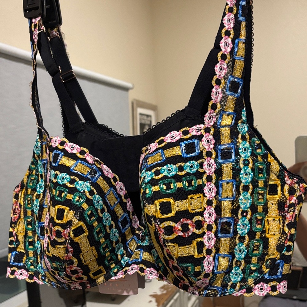 Savage X Fenty Black and Gold Embroidered Bra